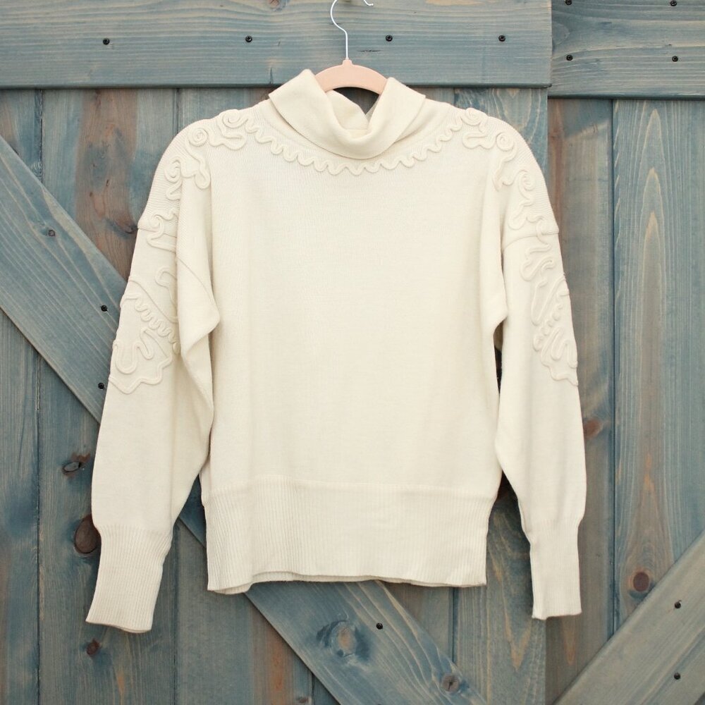 Ivory Cream 80s Vintage Sweater Wool Vintage Meister Brand Small Applique Detail - Picture 2 of 8